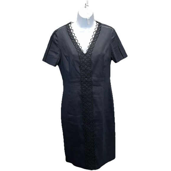 Elie Tahari Loretta Linen Sheath Dress Size 6 Navy Blend Scallop V-Neck Classy - Picture 2 of 15